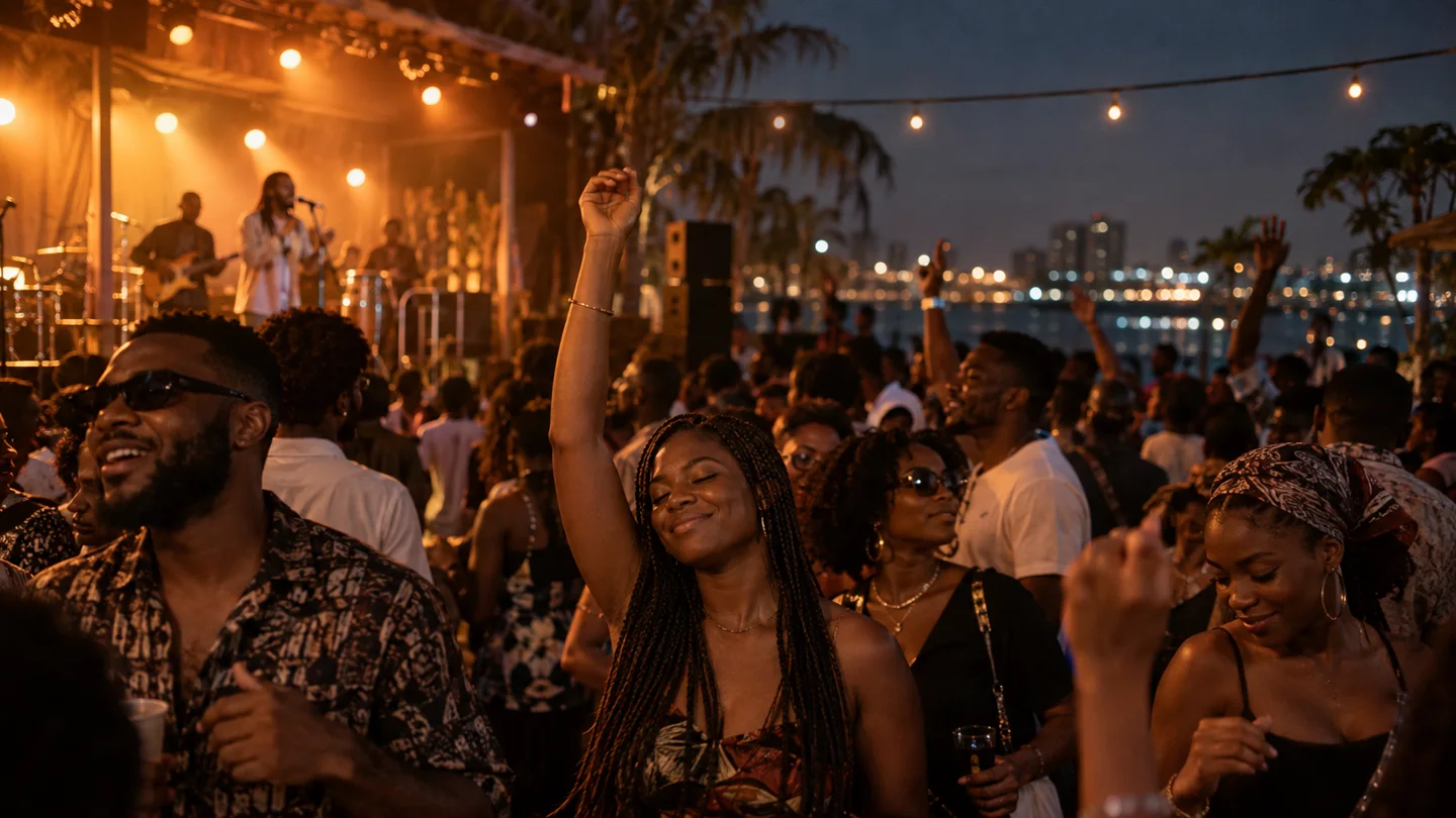 People enjoying an outdoor evening music gathering